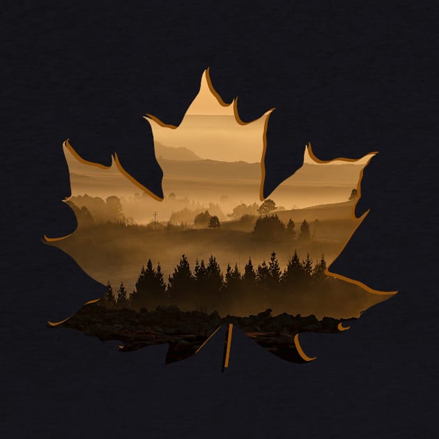 Maple Leaf Silhouette Lanscape Foggy Forest by Fersan